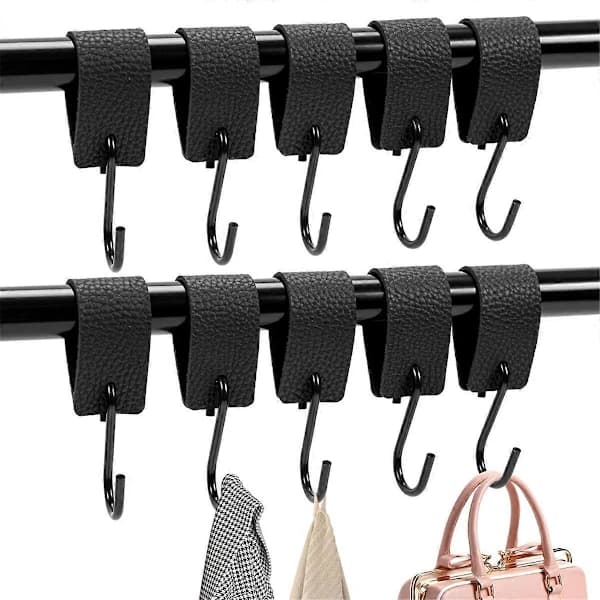 S-Hooks 10-pack with PU Leather Loops Metal Hanging Hooks for Wardrobe Rod Window Kitchen Camping Black