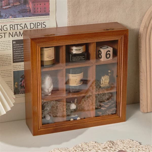 Wooden Spice Box 24 cm - Decorative Organizer with Glass Lid, 9 Fixed Compartments