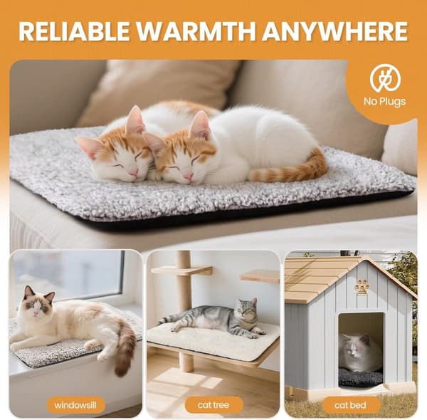 Self-heating Cat Bed Mat, Soft Plush Surface, Non-slip Base, Machine Washable, Grey, 50 x 40 cm