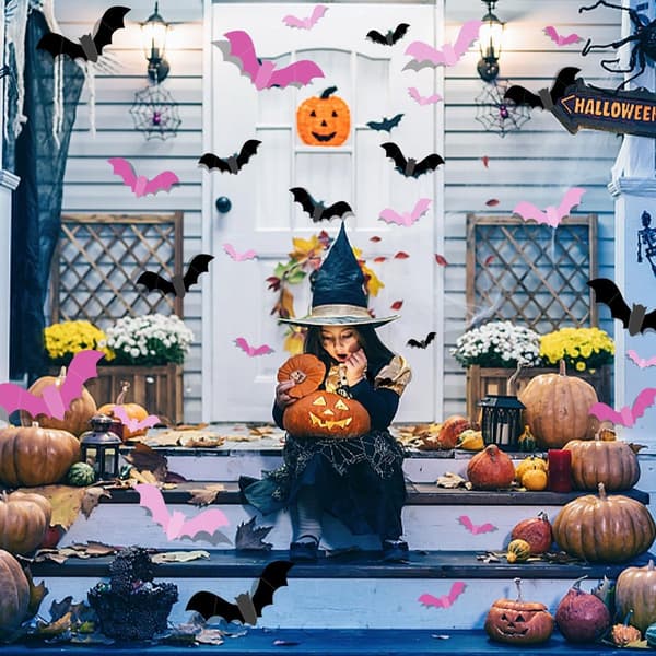 48 Bat Stickers - Halloween Decorative Wall Stickers - 3D Horror Bat Decor - Black, Pink, Light Pink