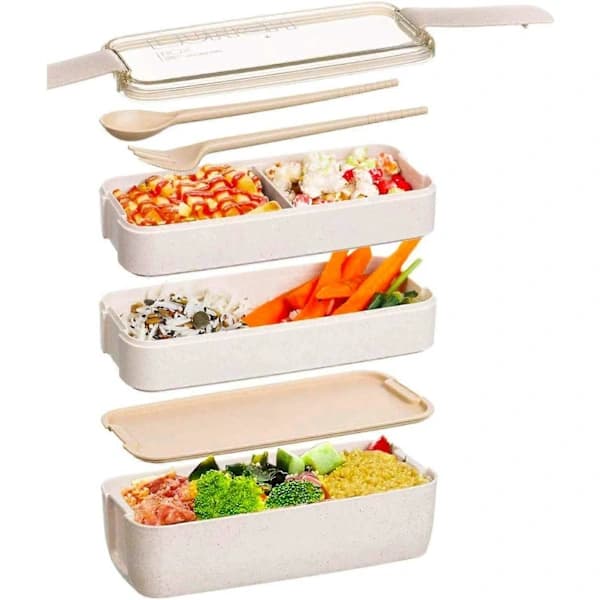Japanese Bento Box Lunch Box, Reusable 3-in-1 Compartment, Bento Lunch Box Meal Prep Container with Fork, Spoon Khaki