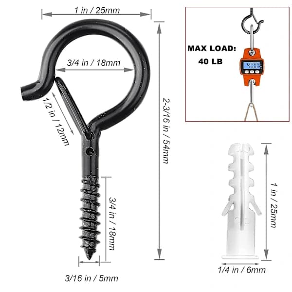 20-pack Q-Hanger String Light Hooks, Screw-in Hooks for Hanging Outdoor String Lights, Heavy Duty 2.2 Inch Black Loop Hooks