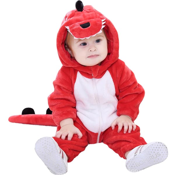 Flannel heldragt med tyndt dinosauriemønster i ét lag