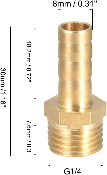 5-delt messingkobling for slange, 8 mm mothake x G1/4 utvendig slangeadapter, messingkobling med mothake