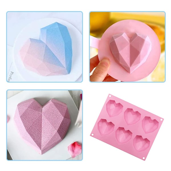 3D Diamant Hjerte Silikonform for Sjokolade, 6 Hulrom Lett Å Løsne Hjerteformet Formbrett for Å Lage Knusbar Mousse