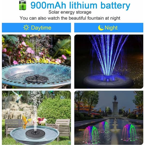 Solar Springvand Solcellefontænepumpe med batteri og LED-lys Flydende udendørs springvand med 7 dyser til haven