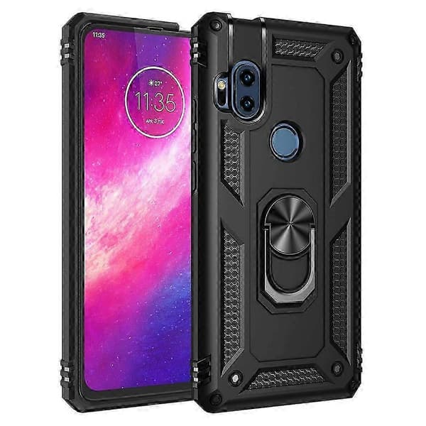 Motorola One Hyper Shockproof Case with 360° Rotating Holder - TPU+PC Protective Cover (Silver) Black Musta