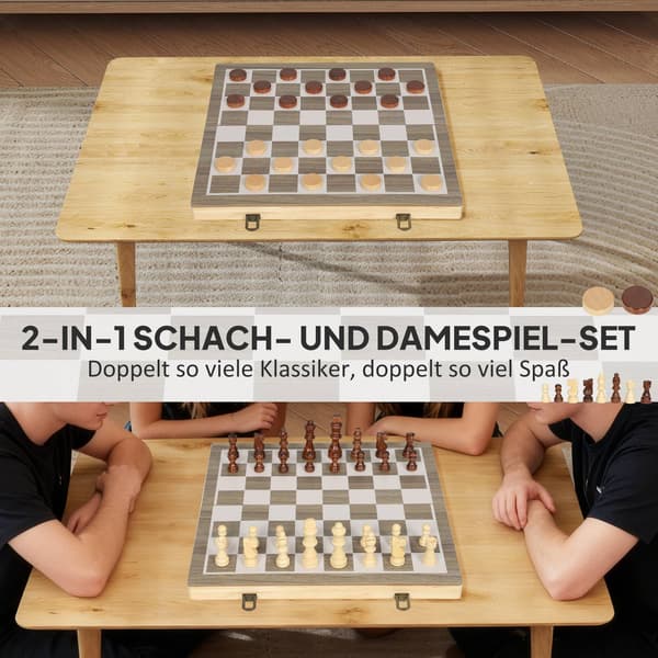 Hopfällbart schack- och dammspel, valnöt, kompakt fodral