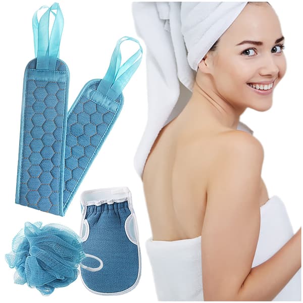 Exfoliating Back Scrubber with Exfoliating Glove and Sponge Pad for Shower, 3-Piece Loofah Back Scrubber