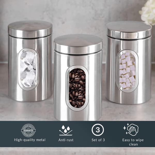 3-piece Kitchen Canister Set - Suitable for Sugar, Tea, Coffee, etc - Multiple Food Storage Jars - Silver