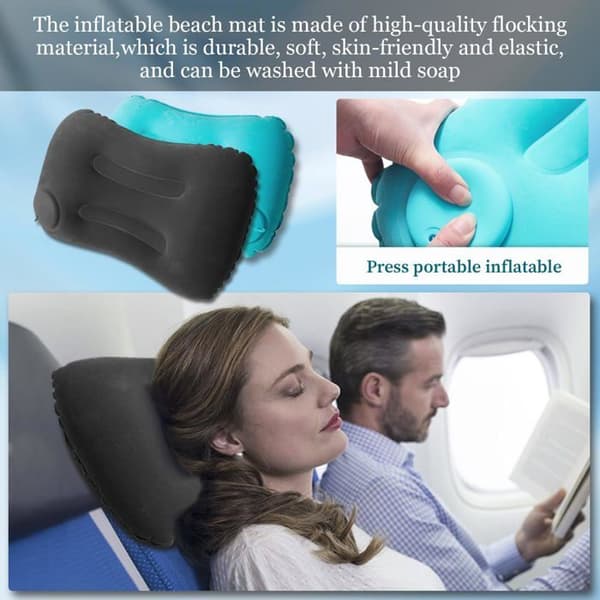 To oppblåsbare campingputer med oppbevaringspose, ergonomisk utformet for utendørsaktiviteter.