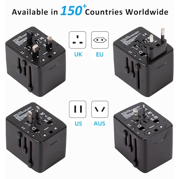 AdapterJourneyYleisadapteripistorasia, jossa 3 USB- ja 1 Type-C-porttia, pistorasia AC International Socket Universal US UK USA AUS Yli 150 maahan