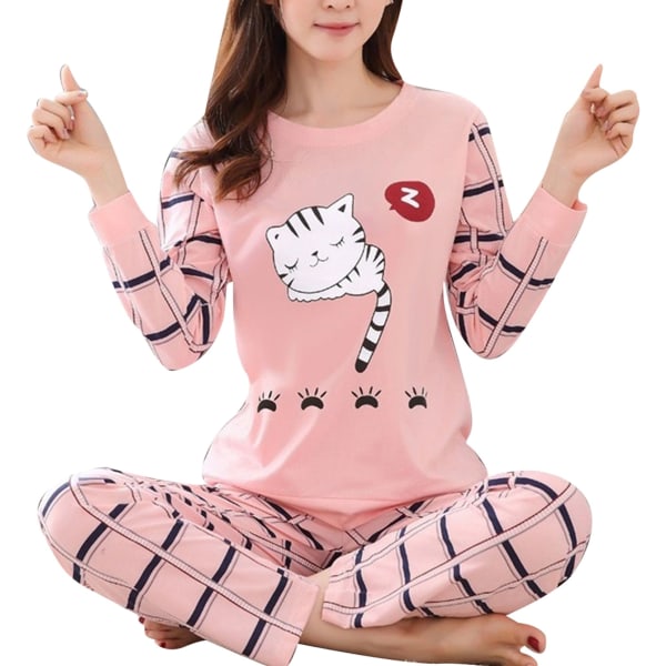 Vinter Söt Cartoon Cat Print Pyjamas Set Dam Tvådelad långärmad nattkläder||Rosa||XL