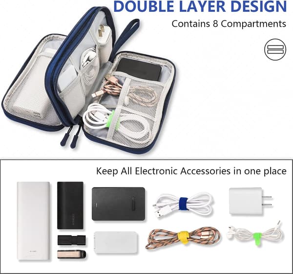 Electronics Accessories Bag, Waterproof Cable Organizer Bag, Travel Gadget Bag, 8.5 x 5 Inches, Navy Blue