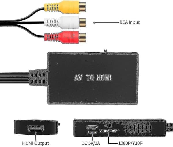 RCA til HDMI-konverter, komposit til HDMI-adapter, understøtter 1080p Pal/ntsc A Fiis null