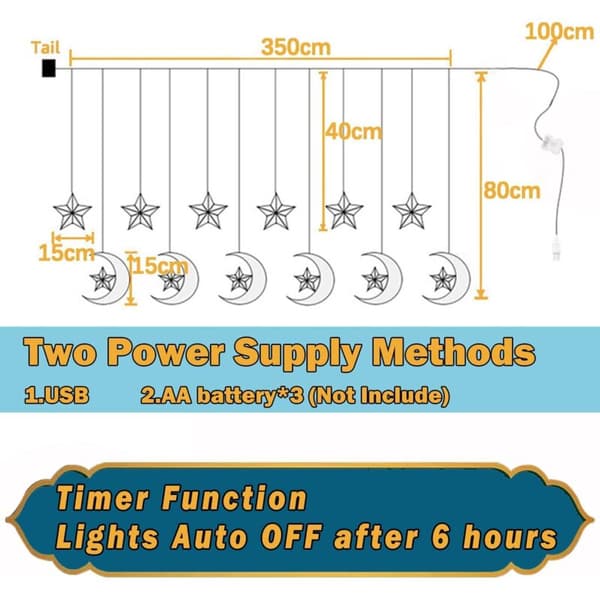 Ramadan Decoration Light String 3.5M Moon and Star Curtain Lights Indoor Battery/USB Powered with Timer and Remote Control