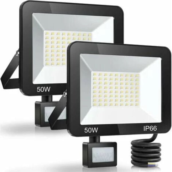 Lagerrensning 50W LED-strålkastare Utomhus Rörelsedetektor 2-pack, IP66 Vattentät LED-spotlight Med Detektor, 5000LM 7000K Kallvit Utomhusbelysning