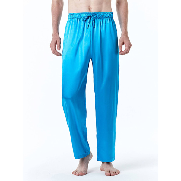 Sommarsömnbyxor för män Lösa Sovkläder i enfärgad satin Byxor Långa pyjamasbyxor Blå, storlek M