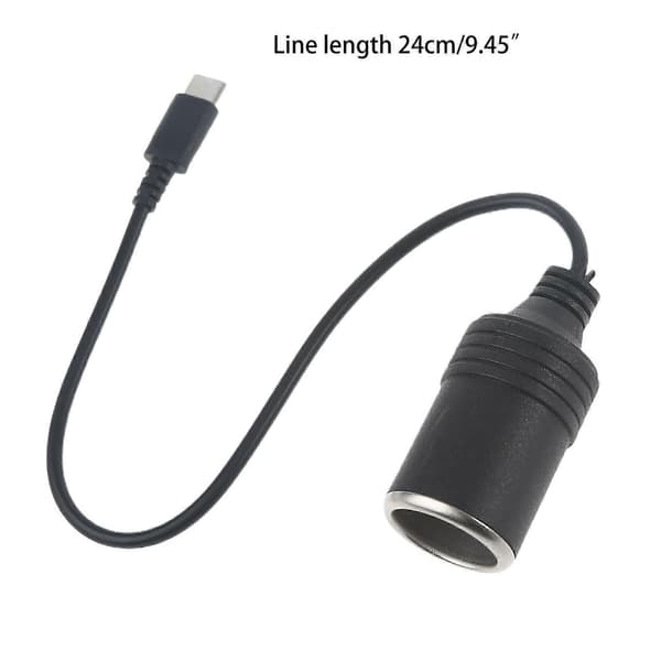 USB-C PD til 12V 60W Bilcigarettænder Hun Adapterkabel til Biloplader Støvsuger Sort
