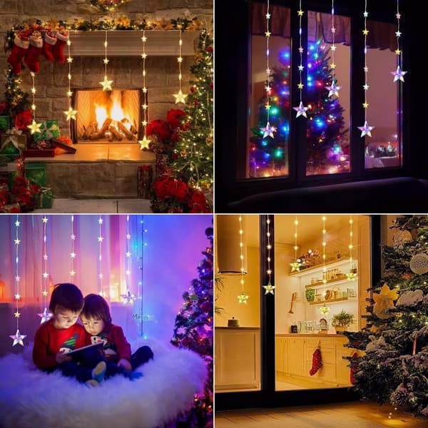 Star Curtain Light String 3m Warm White/Multicolor with Solar Powered+USB