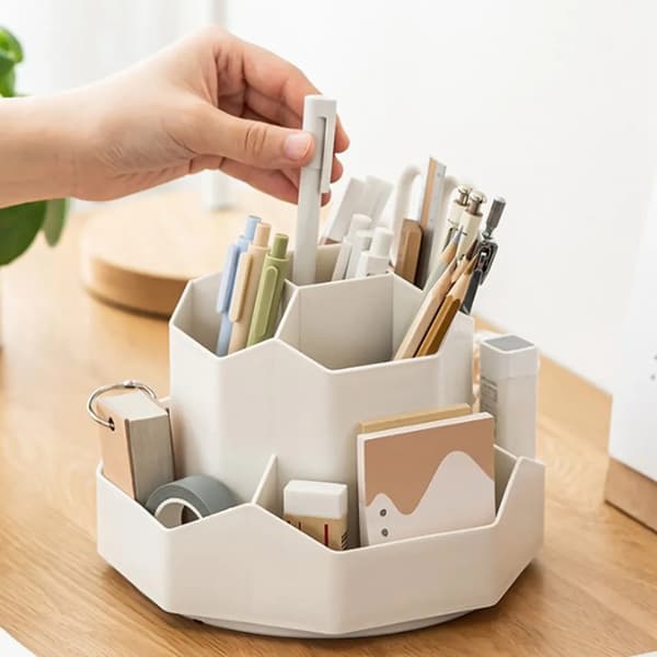 Rotating Pen Holder, Desk Organizer, 9 Compartments, Large Capacity, 360° Rotatable (Beige)