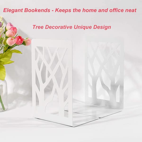 Bookends, (White) 2 Pairs Innovative Metal Bookends Tree Book Press