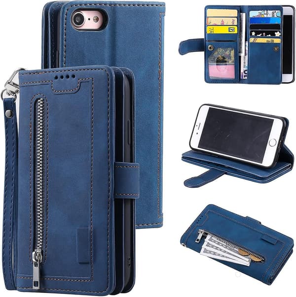 Wallet Case for iPhone SE 2022 5G/iPhone 7/iPhone 8/iPhone SE 2020, 9 Card Slots Handbag Case PU Leather Case Blue