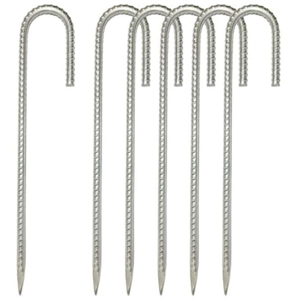 12-inch Galvanized Steel Ground Stakes, 6-Pack, J-Hook Anchor for Hard Soils, Rust-Resistant
