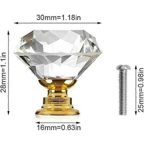 12 Crystal Glass Cabinet Knobs Diamond Cut Drawer Pulls for Kitchen Cabinets Wardrobes and Doors 30mm Gold