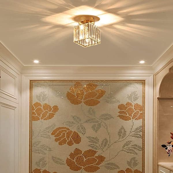 Crystal Ceiling Lamp, 60W Mini Square Chandelier Flush Mount Modern Foldable Close to Ceiling Light, Bedroom Dining Room, E27 Socket