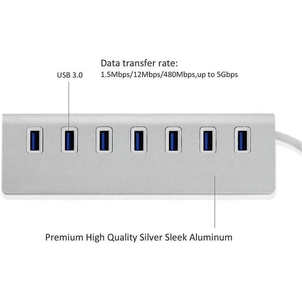 Aluminium USB 3.0-hub, 7 superhurtige USB 3.0-dataportar, kompatibel