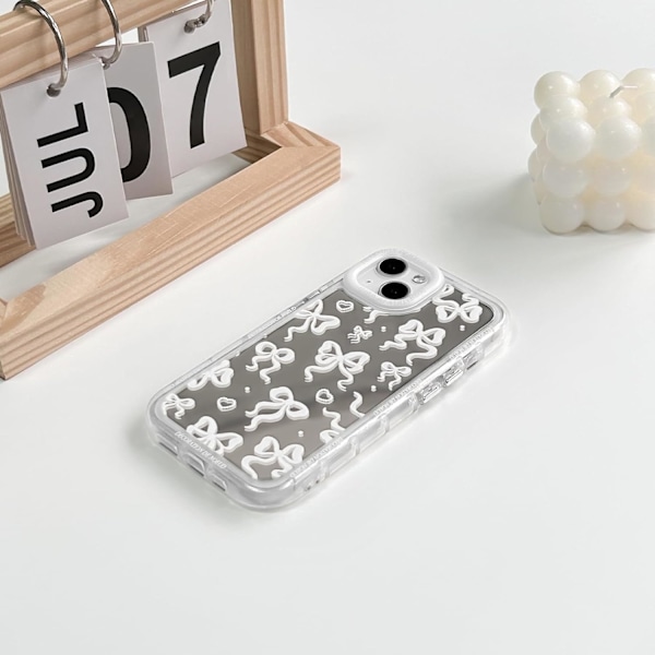 Kompatibelt med iPhone 15 Skal Sött Spegel Rosett Kärlek Hjärta Mönster för Kvinnor Flickor Band Design Stöttåligt Skyddande Telefonskal iPhone 15