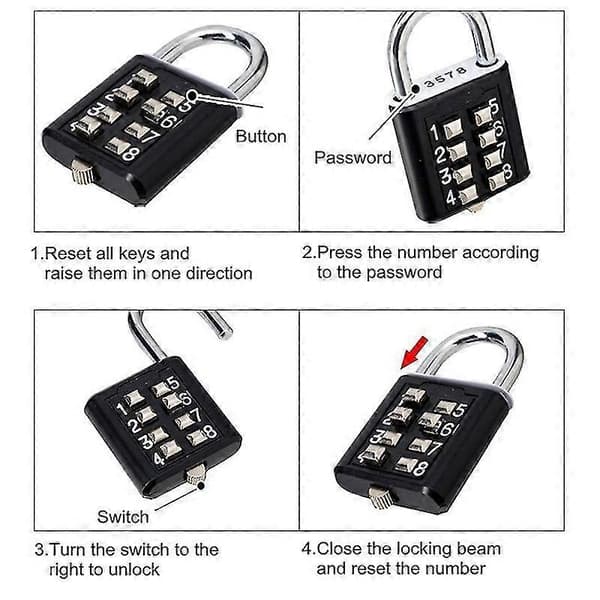 8-digit Password Code Combination Padlock Zinc Alloy Suitcase For Luggage Travel Code Smart Lock Code Key Anti-theft Lock Black