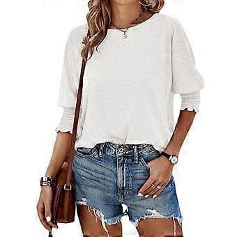 Dame Crew Neck 3/4 Erme Basic T-skjorter Ensfarget Løs Søt Tunika Topp Bluser Basic Tee Bluser Tee Topp Uformell Tunika Topp Hvit S(S Hvit)