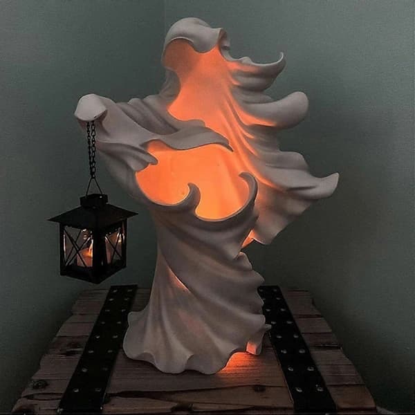 Cracker Barrel Ghost Halloween Witch Ornament Solar Light Energy-Saving Resin Statue for Garden Decor White