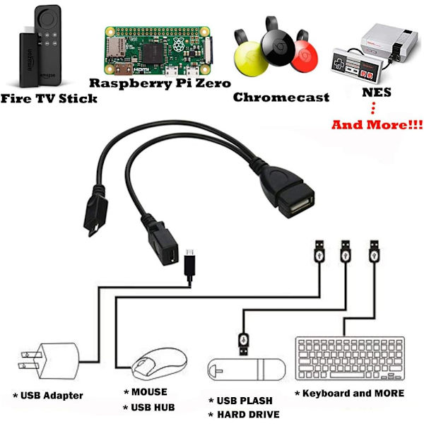 AuviPal 2-i-1 Micro USB til USB-adapter (OTG-kabel + strømkabel)