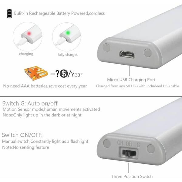 Tre 10 LED-skaplys, trådløst, USB-oppladbart, magnetisk, bevegelsessensor, 2 lysmoduser, bærbart. Skapbelysning, nødbelysning, nattlys