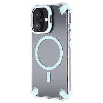 Compatible for iPhone 16 Magnetic Transparent Case Shockproof Hybrid Phone Cover with Camera Lens Frame Stand (Light Blue)