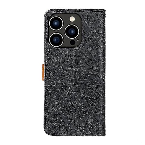European Floral Pattern PU Leather iPhone 14 Pro Case with Embossed Copper Buckle and Horizontal Flip
