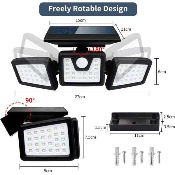 Solar Security Light with Motion Sensor, Powerful Outdoor Wall Spotlight with 3 Heads, 550 lm
