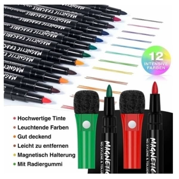 12-delt magnetisk whiteboardpen og viskelæder-sæt [JUN]
