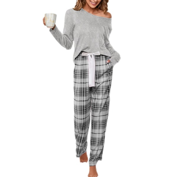 Fritidskläder Dam Rund Hals Lounge Set Sovkläder Rutig Pyjamas Två Delar Outfits Elastisk Midja Loungewear, Färg: Grå, Storlek: L