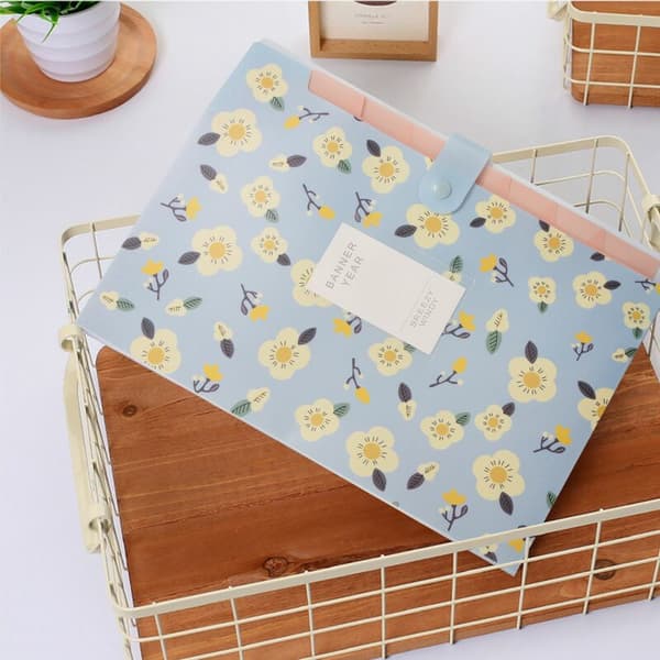 Floral Expandable Folder A4 and Letter Size Archive File Organizer 8 Pockets (Blue)
