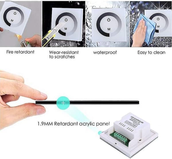 DC 12V-24V Wall Mounted Dimmer, Touch Screen, Monochrome LED Strip with Adjustable Brightness, LED Dimmer with Touch Screen (Black)