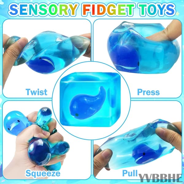 Blå klembar kube med lysende hval inni, klembar stressfidget-gummi leketøy, selvlysende dyr-maltose sensorisk leketøy