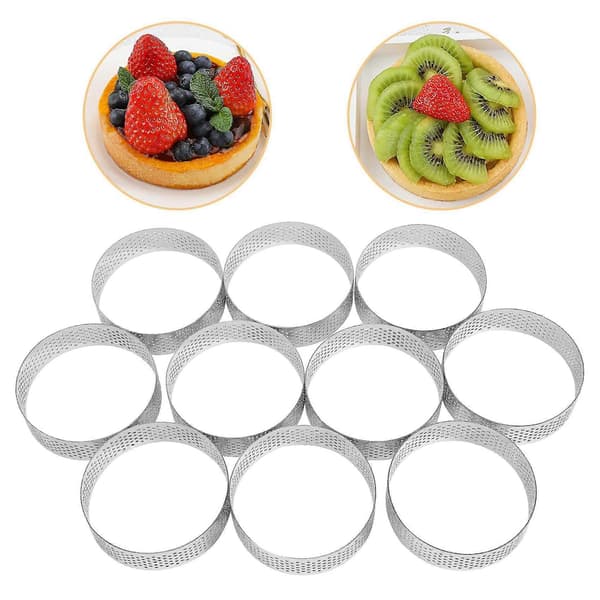 10 pcs Round Tart Rings with Holes Stainless Steel Fruit Pie Quiche Cake Mousse Mold Kitchen Baking Mold 7cm [DB]