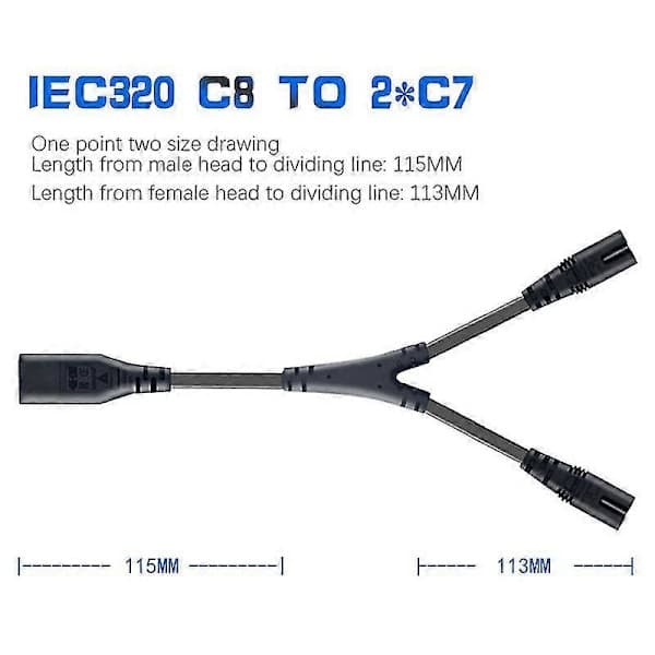 IEC320 C8 til 2X C7 Y Split AC Strømkabel, IEC Figur 8 Han til 2 Hun 1 ind 2 ud AC Strømkabel