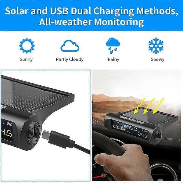 Digital Solar Car Clock with LCD Screen for Time, Date, and Temperature for Outdoor Use and Personal Car