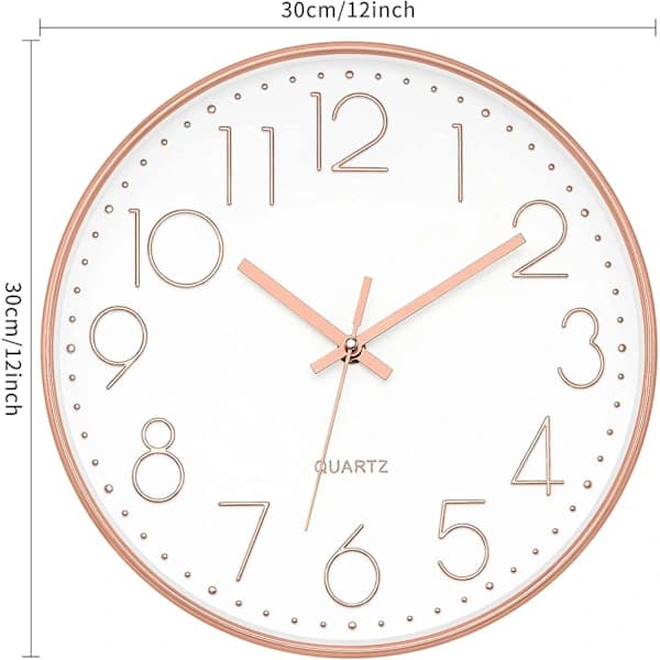【xj】Modern Wall Clock, Large 30 cm Silent Decorative Round Clock for Bedroom, Living Room, Kitchen, Home, Office (Rose Gold)
