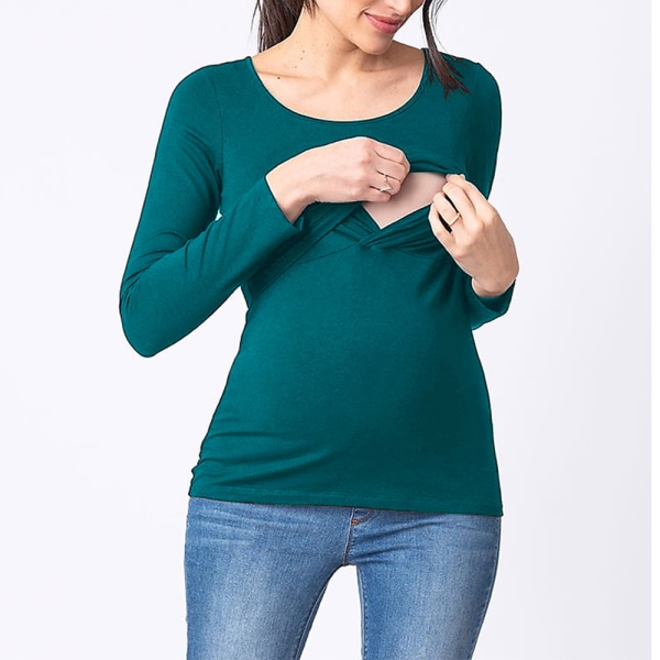 Ny barselstøj Langærmet rundhalset Four Seasons Bottoming Nursing T-shirt - Mørkegrøn XL